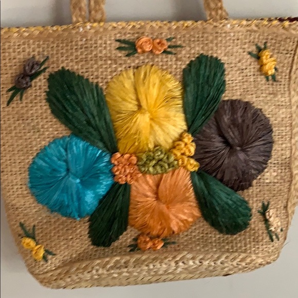 Vintage Handbag, Straw Flower Purse, Vintage Beach Bag, Floral Purse - Picture 3 of 8